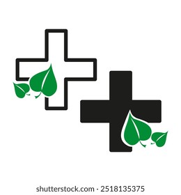 Medical cross icon. Green leaf accents. Nature health symbol. Bold contrast design.