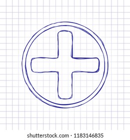 Medical cross icon. Hand drawn picture on paper sheet. Blue ink, outline sketch style. Doodle on checkered background