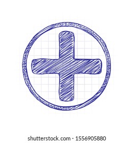 Medical Cross Icon. Hand Drawn Sketched Picture With Scribble Fill. Blue Ink. Doodle On White Background