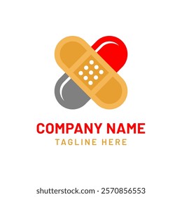 medical cross icon, medicine or pharmacy logo design template with capsule and first aid bandage