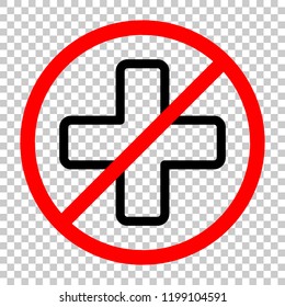 Medical cross icon. Not allowed, black object in red warning sign with transparent background
