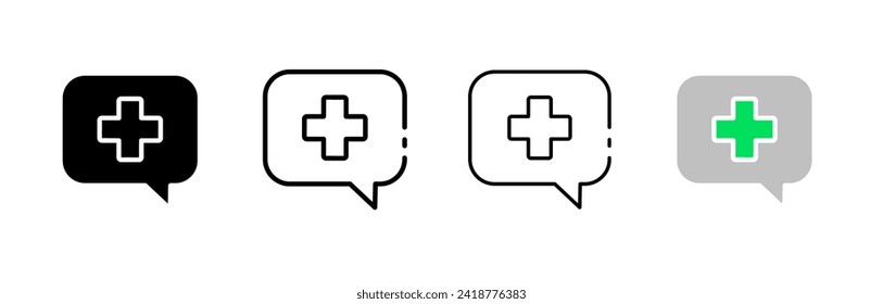 Medical cross icon set. Message bubble. Silhouette, linear, and flat style. Vector icons.