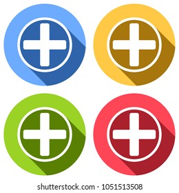 Medical cross icon. Set of white icons with long shadow on blue, orange, green and red colored circles. Sticker style