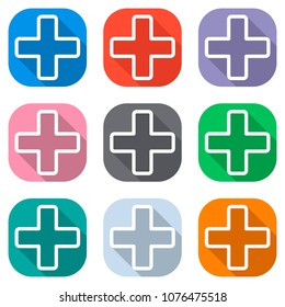 Medical cross icon. Set of white icons on colored squares for ap