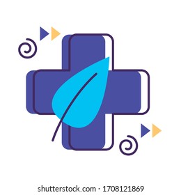 medical cross with leaf flat style icon vector illustration design