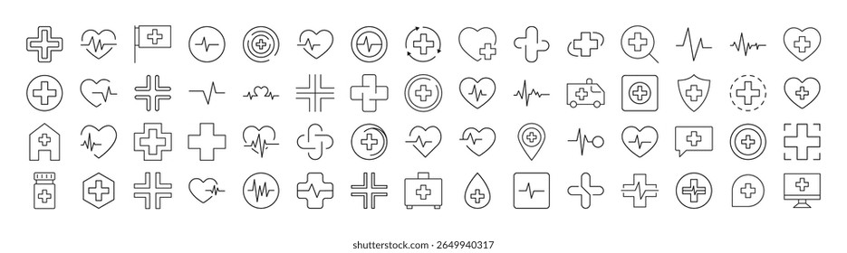 Grupo de ícones de linha cruzada médica. Outline Signs para Gráficos e Web Design, Apps, Anúncios, Vários Cartões 