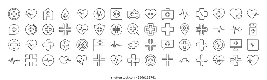 Coleção de Ícones Médicos Cruzados. Outline Signs para Gráficos e Web Design, Apps, Anúncios, Vários Cartões 