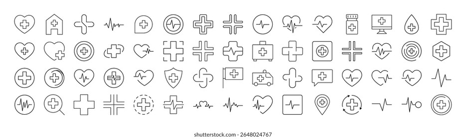 Pacote De Ícones Médicos Cruzados. Outline Signs para Gráficos e Web Design, Apps, Anúncios, Vários Cartões 