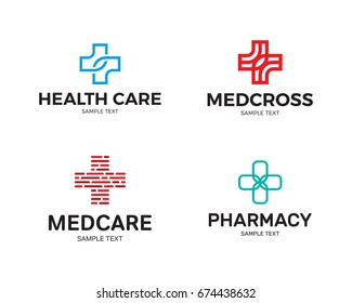 Medical Cross logo design template set. Vector collection of health care doctor emblems, signs, badges. Graphic plus icon symbols for hospital, ambulance. Pharmacy label illustration background