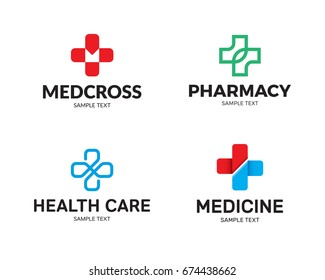 Medical Cross logo design template set. Graphic plus icon symbols for hospital, ambulance. Vector collection of health care doctor emblems, signs, badges. Pharmacy label illustration background