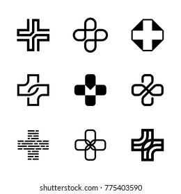 Medical Cross logo design template set. Isolated plus icon symbols for hospital, ambulance, pharmacy. Vector collection of health care emblems, signs, badges. Doctor label illustration background