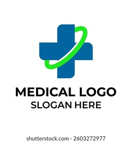 Medical Cross Logo with Green Orbit Symbol for Health and Innovation
