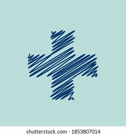 Medical cross logo.Healthcare and doctor sign.Blue color plus icon isolated on teal background.First aid hand drawn line symbol for medics, doctors and pharmacy.