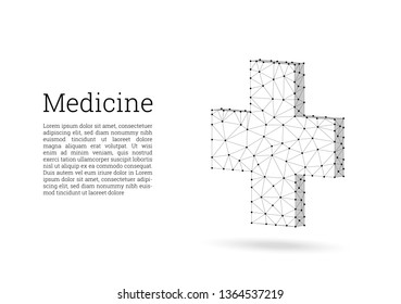 Medical cross low poly wireframe style. Medicine, first aid concept. Medical and pharmacy vector sign. Abstract polygonal design of medical cross. White background, black lines, polygons and points.