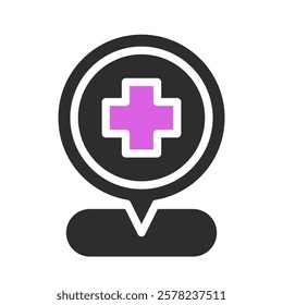 Medical cross mark in location pointer icon symbol
