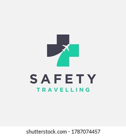 Medical cross and motion plane logo, safety traveling logo icon vector template on white background