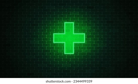 Medical cross neon icon. Glowing green neon plus sign. Vector illustration