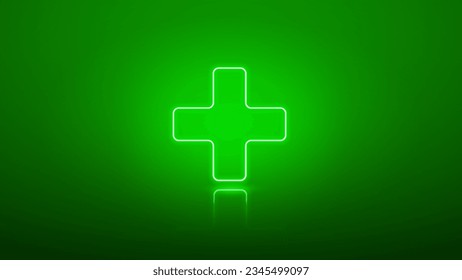 Medical cross neon icon. Glowing green plus. Vector illustration