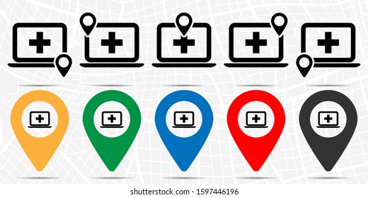 Medical cross on laptop icon in location set. Simple glyph, flat illustration element of medicine theme icons