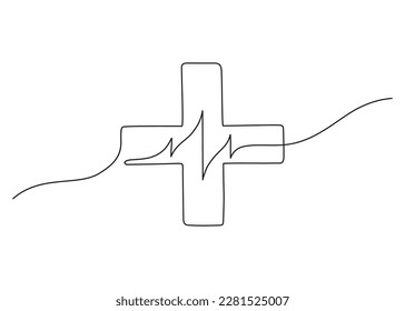 Recorrido médico de una línea de arte continuo. Una sola línea negra. Icono de la señal del latido del corazón de la ayuda médica. Esbozo de doodles dibujado a mano. Ilustración del vector