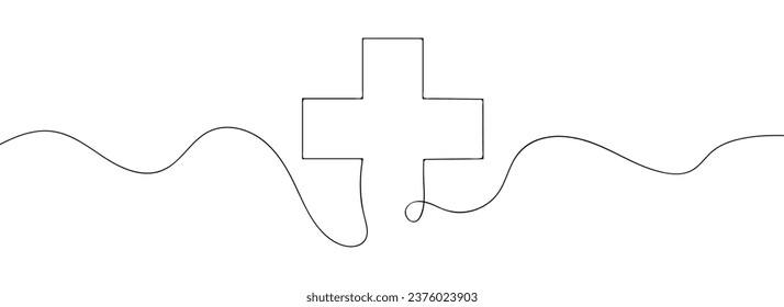 Medical cross one continuous line drawing. Line art. Plus sign. Logo icon concept. Simple design. Vector illustration.