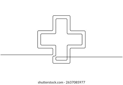 Medical cross one continuous line drawing. One line icon. Medical help sign icon, Heart with Heartbeat Sign and with Cross continuous one line drawing, Continuous line drawing of medical cross .