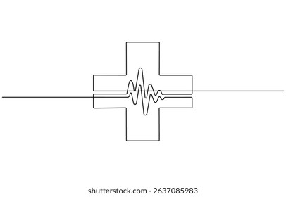Medical cross one continuous line drawing. One line icon. Medical help sign icon, Heart with Heartbeat Sign and with Cross continuous one line drawing, Continuous line drawing of medical cross .