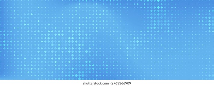 Medical cross pattern vector background. Teal and cyan plus symbols of varied sizes scattered on blue gradient, symbolizing healthcare, hospital, pharmacy, and medicine banner.
