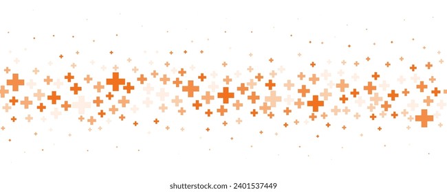 Medical cross and plus background. Abstract seamless orange background for hospital and pharmacy. Geometrical shapes ornament on border. Vector backdrop.