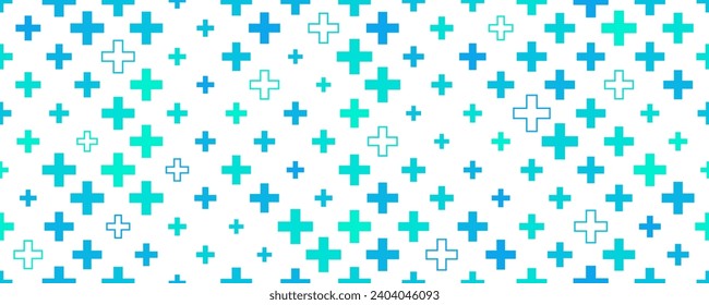 Medical cross and plus background. Abstract seamless blue and green pattern for hospital and pharmacy. Geometrical shapes ornament. Vector backdrop.