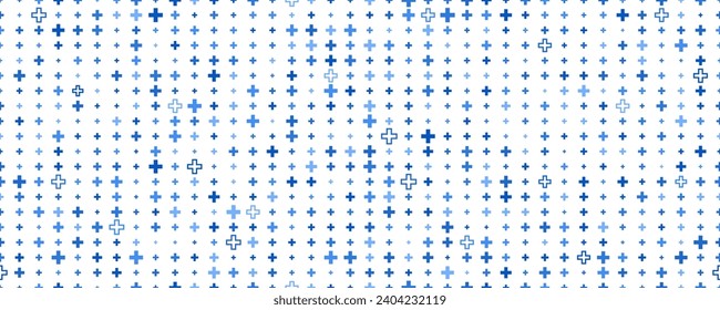 Medical cross and plus background. Abstract seamless blue pattern for hospital and pharmacy. Geometrical shapes ornament. Vector backdrop.