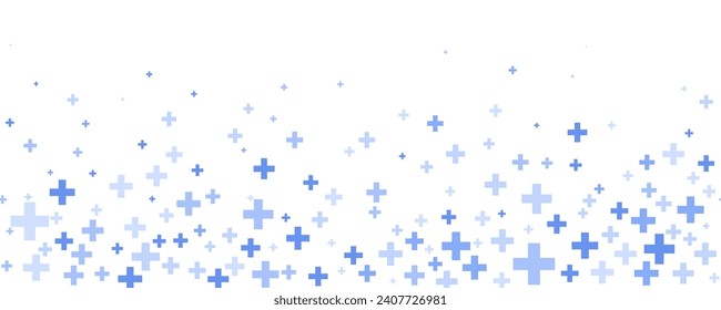 Medical cross and plus background. Abstract seamless blue wallpaper for hospital and pharmacy. Geometrical shapes ornament on border. Vector backdrop.