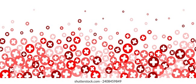 Medical cross and plus background. Abstract seamless red border for hospital healthcare and pharmacy. Geometrical shapes ornament. Vector wallpaper.