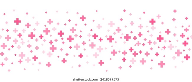 Medical cross and plus background. Abstract seamless pink background for hospital and pharmacy. Geometrical shapes ornament on border. Vector backdrop.