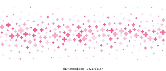 Medical cross and plus background. Abstract seamless pink background for hospital and pharmacy. Geometrical shapes ornament on border. Vector backdrop.