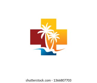 medical cross plus sign with palm trees and ocean wave as negative space