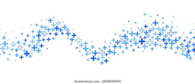 Medical cross and plus wavy background. Abstract seamless blue background for hospital and pharmacy. Geometrical shapes ornament on border. Vector backdrop.