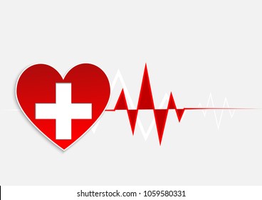 medical cross in red heart on white background.paper cut style,origami,vector,illustration,digital craft