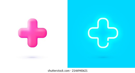 Medical cross round button. Cross Neon Sign. Plus sign, great design for any purposes. Cross symbol. 3d vector render concept