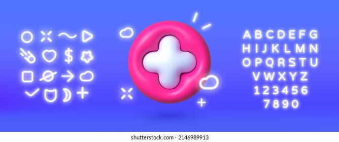 Medical cross round button. Cross Neon Sign. Plus sign, great design for any purposes. Cross symbol. 3d vector render concept
