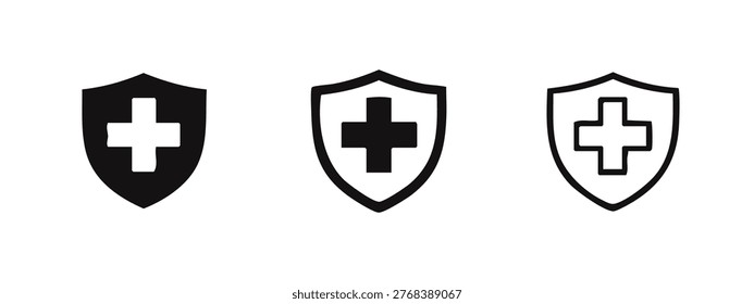 Medical Cross Shield Icon Set. Health Protection, Safety, and Healthcare Symbols.