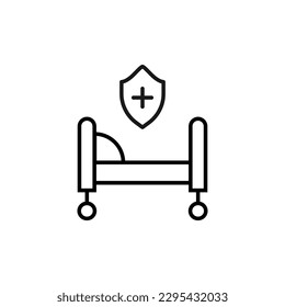 Medical Cross in Shield Over Bed Icon. Editable stroke. Suitable for various type of design, banners, infographics, stores, shops, web sites 