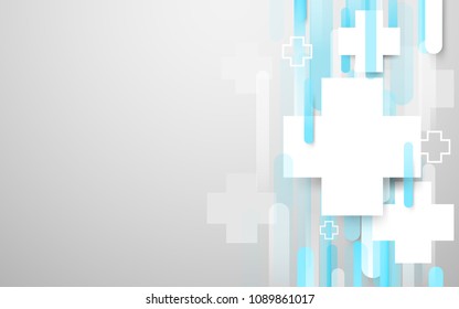 Medical cross sign and abstract white and blue rectangles background