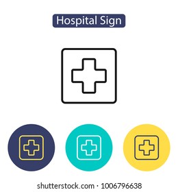 Medical cross sign. Hospital icon. Public Navigation symbol for info graphics, websites and print media. Line style design image. Editable stroke. Vector illustration.