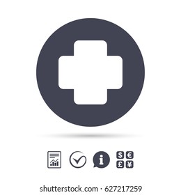 Medical cross sign icon. Diagnostics symbol. Report document, information and check tick icons. Currency exchange. Vector
