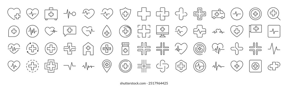 Coleção de Ícones de Linha Isolados Simples de Cruz Médica. Traço editável. Adequado para sites, livros, cartões, aplicativos