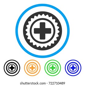 Medical Cross Stamp rounded icon. Style is a flat medical cross stamp grey symbol inside light blue circle with black, yellow, green, blue color versions.