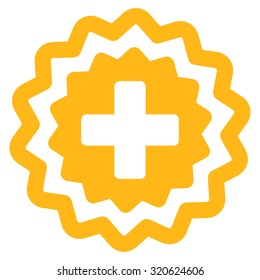 Medical Cross Stamp vector icon. Style is flat symbol, yellow color, rounded angles, white background.