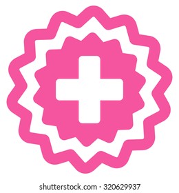 Medical Cross Stamp vector icon. Style is flat symbol, pink color, rounded angles, white background.