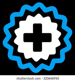 Medical Cross Stamp vector icon. Style is bicolor flat symbol, blue and white colors, rounded angles, black background.